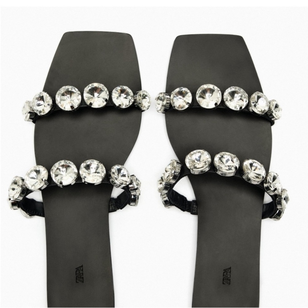 ZARA Embellished Flat Leather Sandal - Size: EU 38